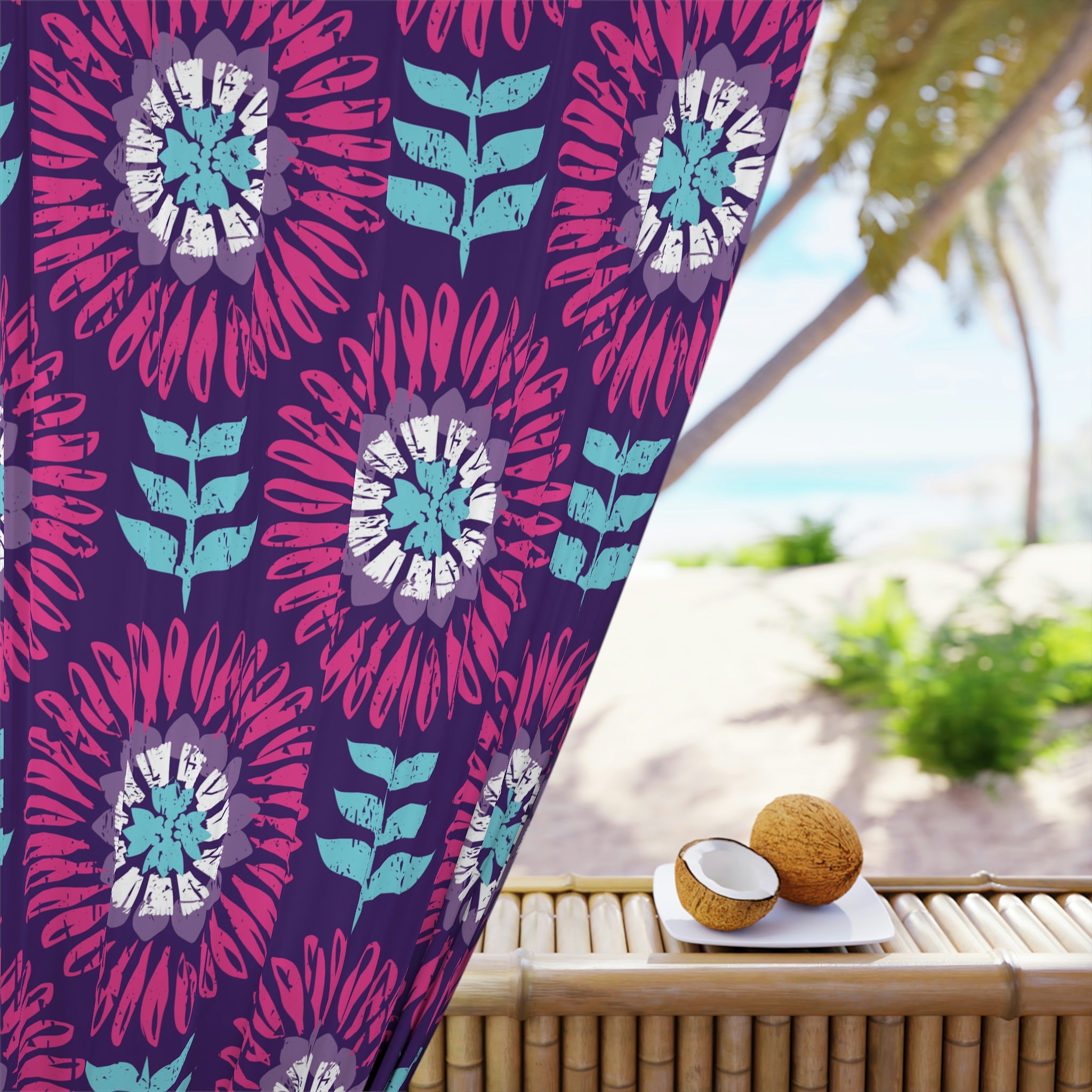 ミッドセンチュリー　カーテン　フラワー レトロな花柄カーテン、ミッドセンチュリーモダンフローラルカーテン