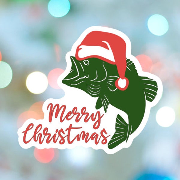 Large Mouth Bass with Santa Hat Sticker, Bass Fishing Sticker, Bass Fishing, Fishing Sticker, Fish Decal, Bass, Fishing Stickers, Boat Decal