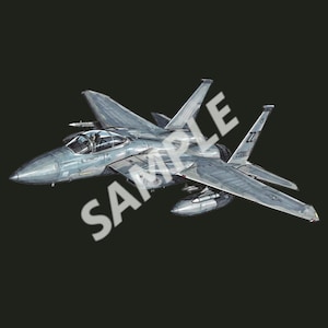 Puede incluir: Ilustración de un avión de combate F-15 gris con la palabra "SAMPLE" superpuesta. El avión se muestra de perfil, destacando sus alas, cola y cabina. El fondo es negro liso.