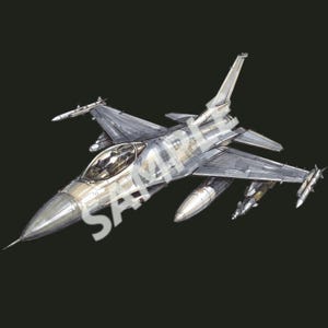 Puede incluir: Ilustración de un avión de combate plateado y gris con misiles adjuntos. El avión tiene una cabina detallada y está sobre un fondo negro. La palabra "SAMPLE" es parcialmente visible en el avión.