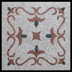 Handmade Geometric Floral Mosaic | Natural Marble Wall & Floor Art | Classic Red and Green Stone Tile Design for Bathroom and Living Room