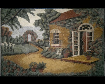 Rustic Cottage Garden Mosaic Wall Art | Handmade Stone Countryside Artwork | Vintage House Landscape Mosaic for Elegant Home Décor.