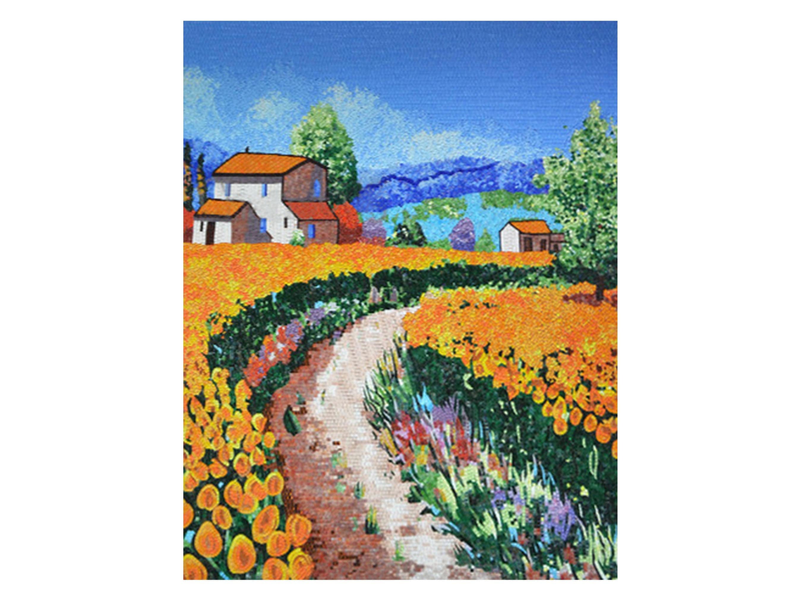 Sunny Countryside Landscape Mosaic Art | Vibrant Field & Cottage