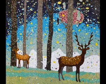 Deer in Enchanted Forest Mosaic Wall Art | Handmade Nature Scene Tile Artwork | Woodland Animal Decor for Contemporary Homes