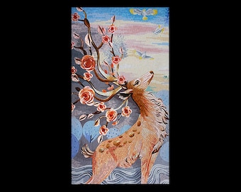 Handmade Deer Mosaic Wall Art   Elegant Floral Antler Glass & Tile Artwork | Nature-Inspired Animal Mosaic for Home  Office Décor.