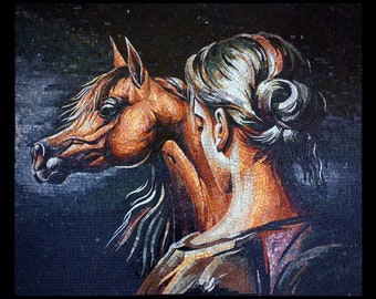 Handcrafted Woman and Horse Mosaic Wall Art | Elegant Handmade Stone Artwork | Symbolic Bond of Strength & Grace for Home Décor