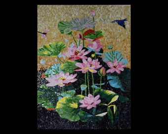 Lotus Flower Mosaic Wall Art, Pink Floral Tile Artwork, Nature Garden Décor Panel, Handmade Botanical Art, Serene Zen Home Accent