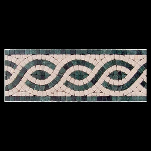 Puede incluir: Un borde de mosaico de mármol verde y blanco con un patrón ondulado.