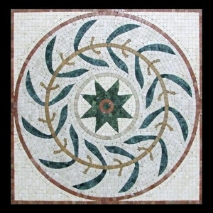 Handmade Circular Geometric Mosaic Medallion | Green and Beige Marble Floor or Wall Art | Classic Stone Inlay for Entryway & Bathroom Décor