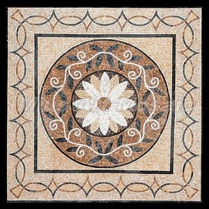 Handmade Floral Mosaic Medallion  Natural Stone Floor or Wall Art  Beige and Black Marble Flower Design for Entryway, Bathroom & Living Room