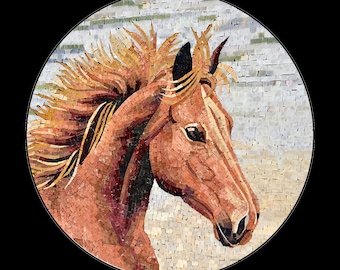 Handmade Horse Mosaic Wall Art  Round Equestrian Marble stone Artwork | Rustic Animal Design for Home, Office & Ranch Décor
