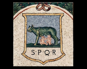Ancient Roman Mosaic Wall Art | Handmade SPQR Tile Artwork with Capitoline Wolf & Twins | Classical History Mosaic Decor