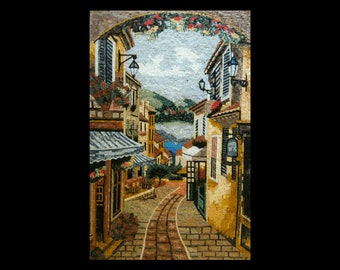 Mediterranean Village Street Mosaic Wall Art | Handmade Marble Mosaic | Coastal Town Stone Artwork for Home, Café & Living Room Décor