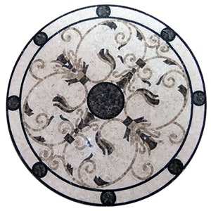 May include: A round, cream-colored marble floor medallion with a black and brown floral design. The medallion has a black border with eight black dots around the edge.