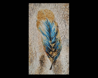 Blue and Gold Feather Mosaic Wall Art | Handmade Feather Tile Artwork | Modern Boho Mosaic Decor for Home & Office