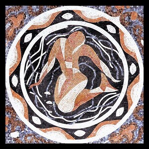 May include: A mosaic tile depicting a mermaid with a brown and white body, surrounded by a black and white circular design.