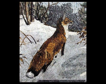 Handcrafted Fox in Snow Mosaic Wall Art | Nature-Inspired Stone Tile Artwork | Winter Wildlife Mosaic for Rustic & Modern Home Décor.