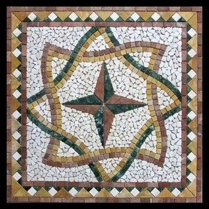 Compass Star Mosaic Wall Art | Handmade Marble Tile Design | Mediterranean Geometric Floor Medallion for Elegant Home Décor