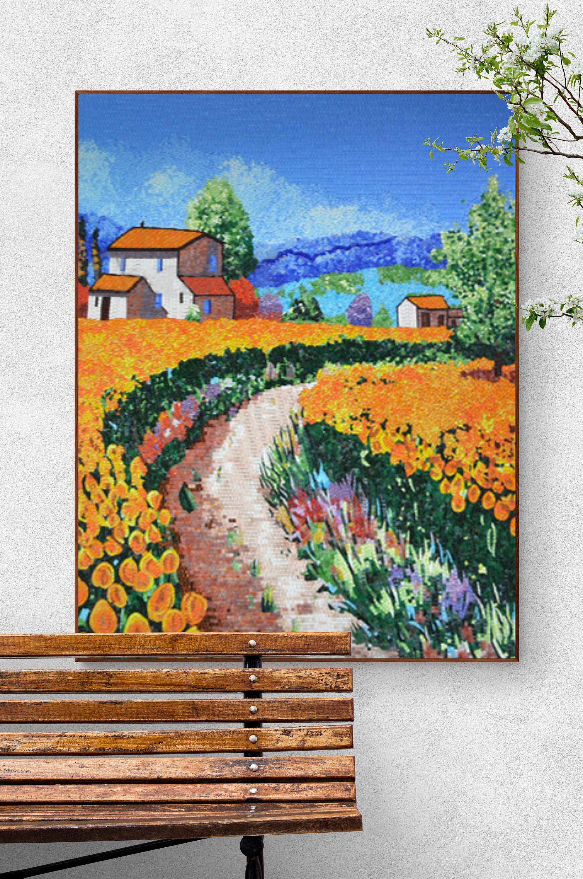 Sunny Countryside Landscape Mosaic Art | Vibrant Field & Cottage