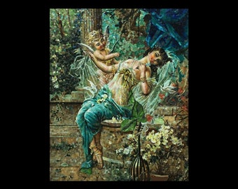 Romantic Mosaic Art of Woman & Cherub | Vintage Angelic Garden Scene | Classical Mythology Wall Art | Victorian Style Decor