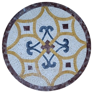 Geometric Mosaic Wall Art | Handmade Round Tile Décor | Classic Blue, Yellow, and Brown Patterned Mosaic