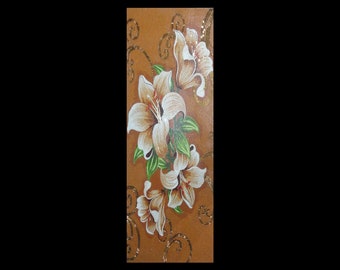 White Lily Mosaic Wall Art, Elegant Floral Tile Artwork, Brown & Gold Home Décor, Handmade Botanical Art Panel, Vertical Wall Accent