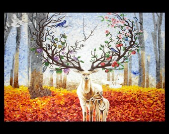 Enchanted Deer Mosaic Wall Art, Fantasy Forest Tile Artwork, Majestic Wildlife Décor, Handmade Art Panel, Colorful Nature Home Accent