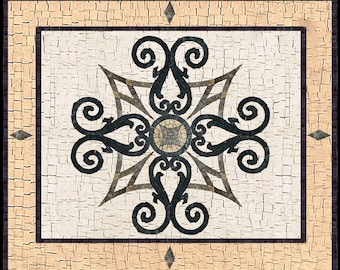 Handmade Marble Mosaic Backsplash | Black & Beige Ornamental Scroll Pattern Natural Stone Rug For Your Kitchen, Walls and Floors