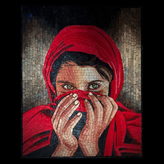 Handmade Woman in Red Mosaic Wall Art|intricate Marble Portrait