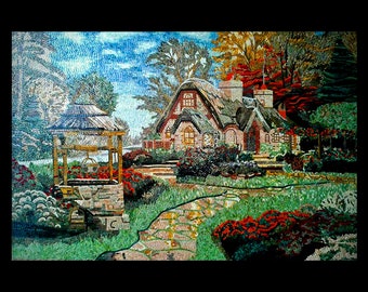 Handmade Mosaic Cottage Landscape Art | Countryside House & Garden Scene | Rustic Home Wall Décor | Nature-Inspired Glass Artwork.