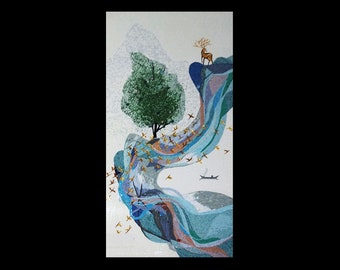 Modern Nature Mosaic Wall Art | Handmade Abstract Deer & River Tile Artwork | Serene Landscape Mosaic for Home Office Decor.