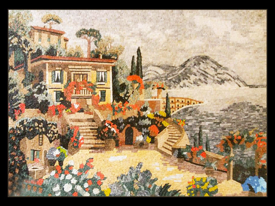 Mediterranean Villa Mosaic Wall Art | Handmade Coastal Landscape ...