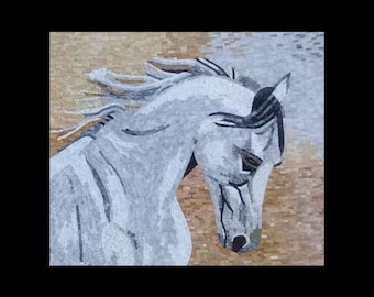 Handcrafted White Horse Mosaic Wall Art – Elegant Equine Tile Artwork | Handmade Animal Mosaic for Home, Office & Rustic Décor