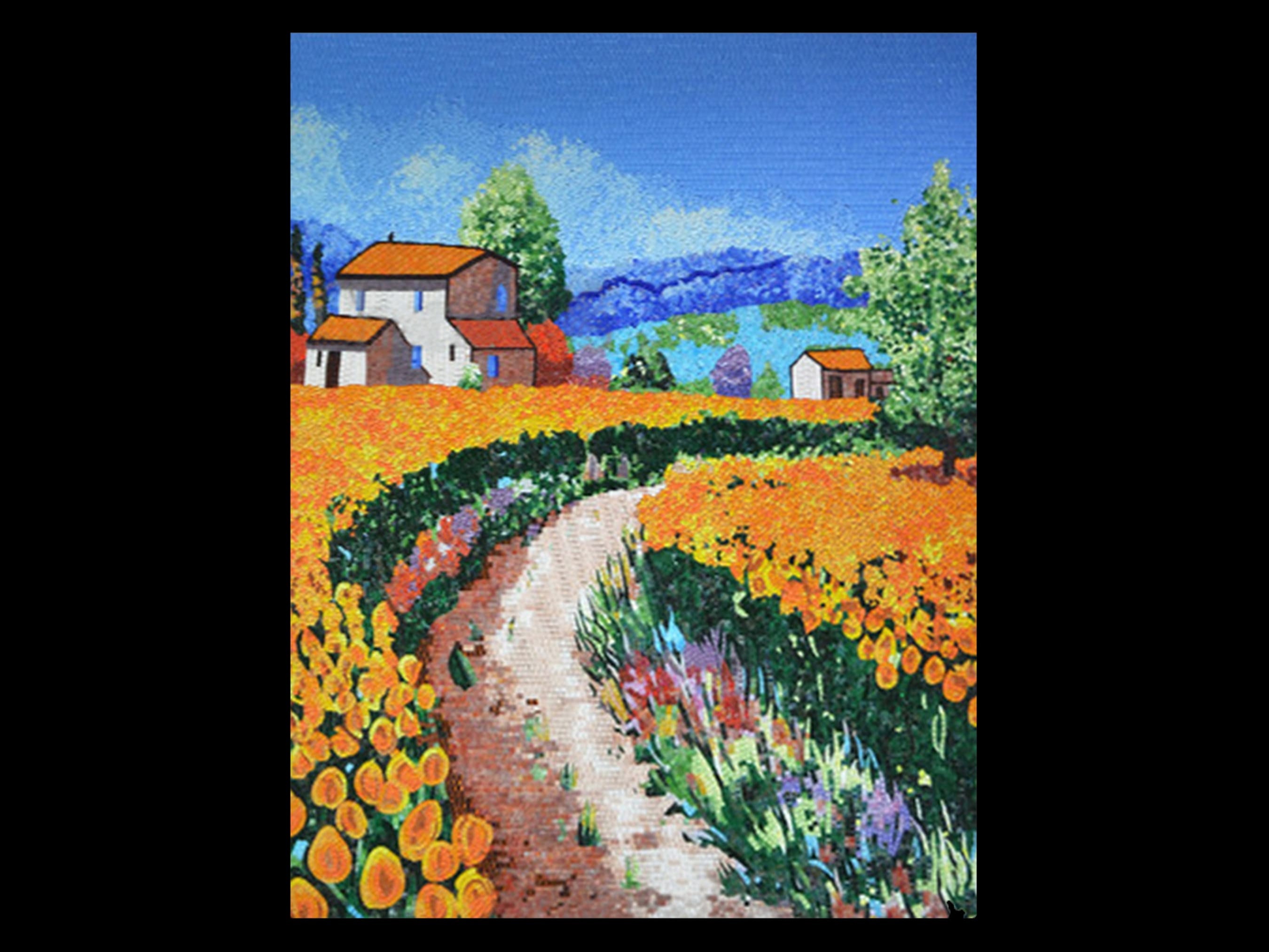 Sunny Countryside Landscape Mosaic Art | Vibrant Field & Cottage