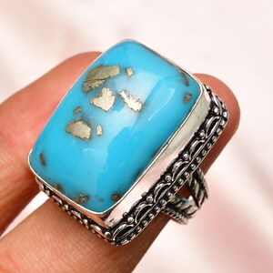 Turquoise Gemstone 925 Sterling Silver Ring (Size 5.5)  Handmade Jewelry Unisex Big Rectangular Shape Blue Jewelry Ring Gift for Her
