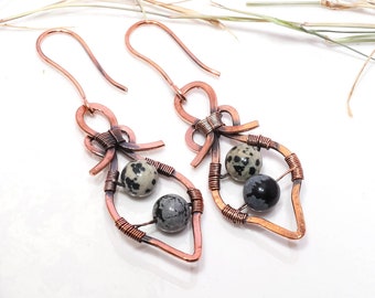 Dalmatian Jasper Gemstone Earrings Dalmatian Jasper Gemstone Wire Wrapped Earrings Snowflake Obsidian Gemstone Handmade For Gift
