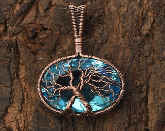 Tree Of Life Blue Topaz Copper Wire Wrapped Pendant Jewelry