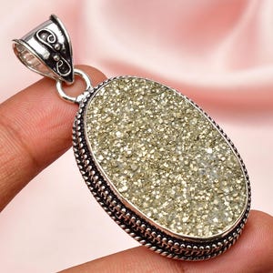 Pyrit Druzy 925 Sterling Silber Anhänger, handgemachte Anhänger Unisex Anhänger große ovale Form Schmuck Boho Anhänger für Geschenk, Geschenk für sie