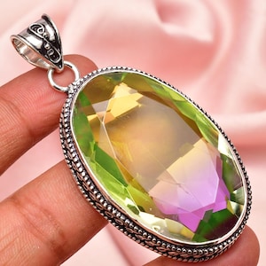 Bi color tourmaline 925 Sterling Silver Pendant ,Handmade Pendant , Unisex Pendant , Big Oval shape Bi Jewelry Bohemian Pendant For Gift