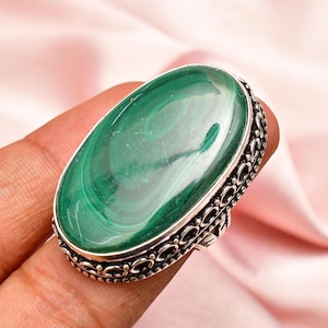 Malachite Gemstone 925 Sterling Silver Ring (Size 5.5)  Handmade Everyday Jewelry Unisex Big Oval Shape Green Jewelry Ring Gift for Her