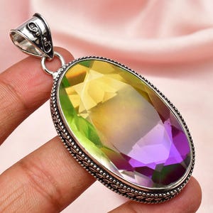 Bi color tourmaline 925 Sterling Silver Pendant ,Handmade Pendant , Unisex Pendant , Big Oval shape Bi Jewelry Bohemian Pendant For Gift