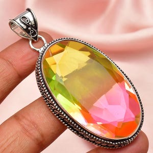 Bi color tourmaline 925 Sterling Silver Pendant ,Handmade Pendant , Unisex Pendant , Big Oval shape Bi Jewelry Bohemian Pendant For Gift