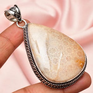 Fossil Coral Sterling Silver Pendant: Handmade Oval Bohemian Jewelry