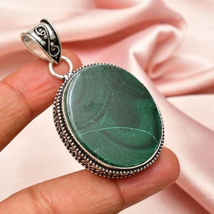 Malachite 925 Sterling Silver Pendant , Handmade Pendant , Unisex Pendant , Big Oval shape Jewelry , Bohemian Pendant For Gift