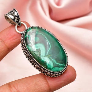 Malachite 925 Sterling Silver Pendant , Handmade Pendant , Unisex Pendant , Big Oval shape Jewelry , Bohemian Pendant For Gift
