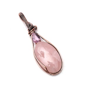Rose Quartz Copper Wire Wrapped Pendant Rose Quartz Gemstone Pendant Handmade   Rose Quartz Pendant Necklace For Gift
