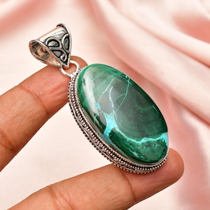 Malachite 925 Sterling Silver Pendant , Handmade Pendant , Unisex Pendant , Big Oval shape Jewelry , Bohemian Pendant For Gift