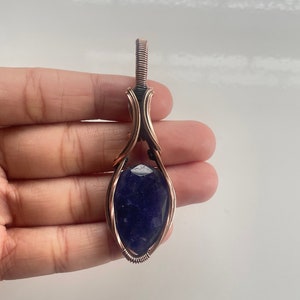 Handmade Copper Wire Wrapped Pendant: Lab-Created Blue Sapphire