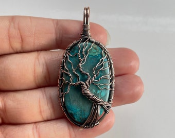 Tree Of Life Chrysocolla Pendant, Copper Wire Wrapped Gemstone Necklace