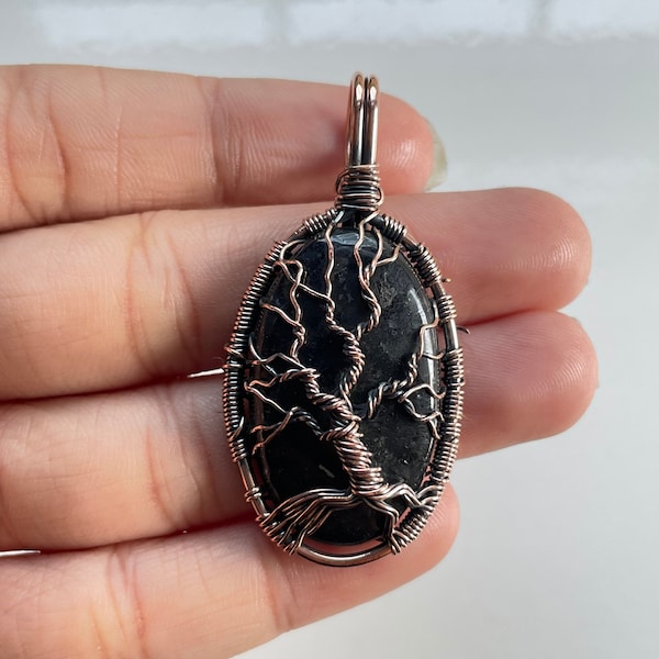 Tree of Life Nuummite Copper Wire Wrapped Pendant Nuummite Gemstone Pendant Handmade  Nuummite Pendant Necklace